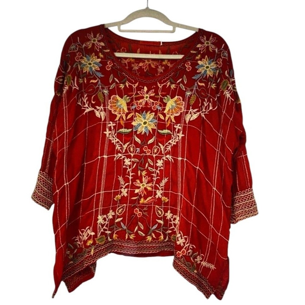 Johnny Was Cupra Rayon Embroidered Blouse Size XS Boho Designer Red